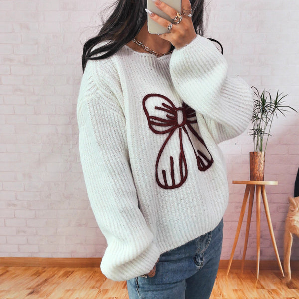 Simple Casual Bow Embroidery Decoration Knitted Long Sleeve Sweater Maiden-Art