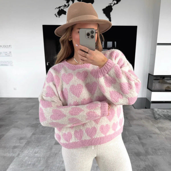 Heart Jacquard Color Contrast Short Knitted Valentine's Day Sweater Maiden-Art