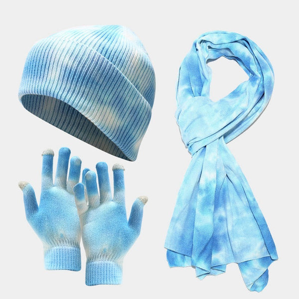 Tie-dye Knitted Hat Gloves Scarf Set Ladies Maiden-Art
