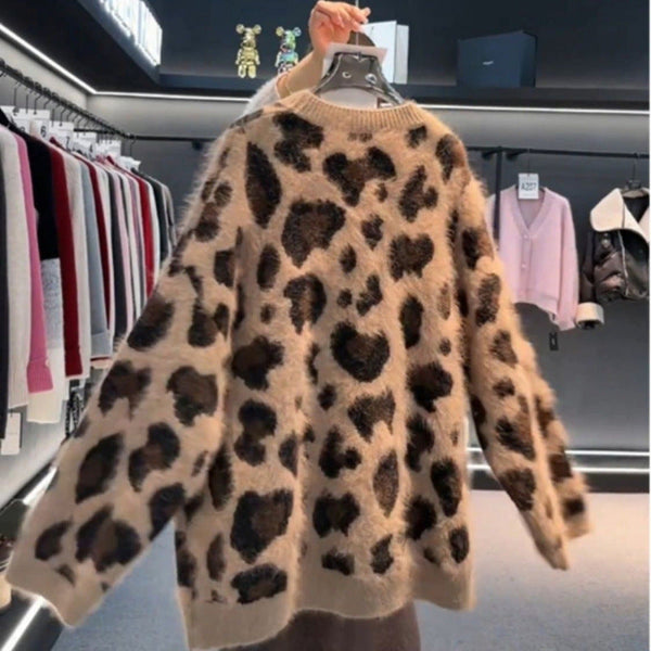 Leopard Print Thick Warm Coat Loose Lazy Knitted Cardigan Sweater Maiden-Art