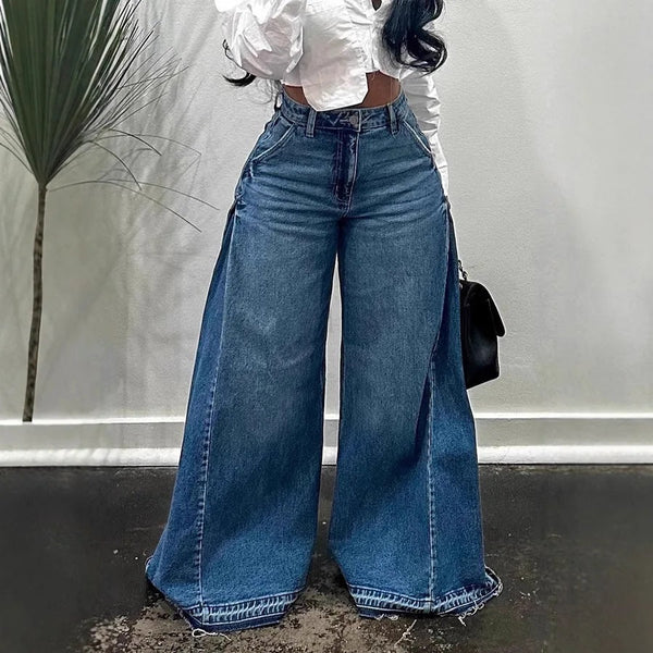 Loose Wide Leg Jeans Stitching Bell-bottom Pants Tassel Trousers Maiden-Art