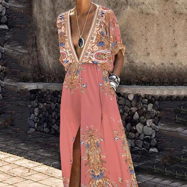 Vintage Pattern Printed Boho Long Dress Women Sexy Deep V Anybestbuy Store