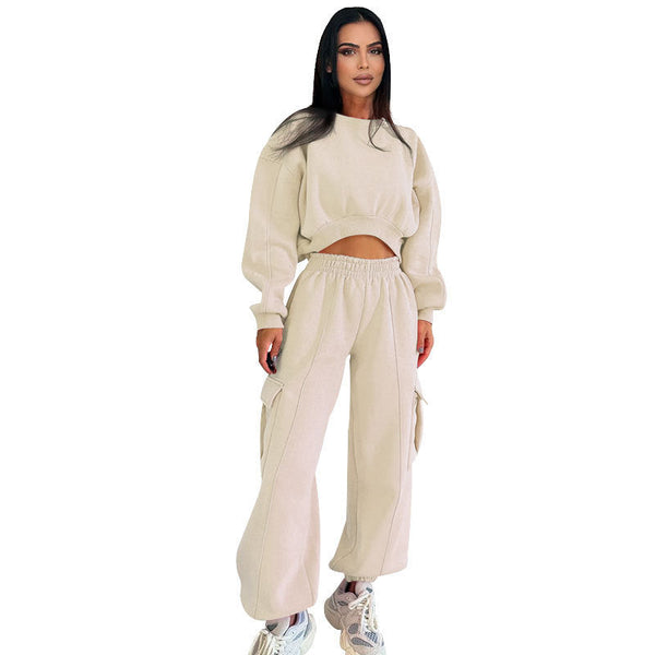 European And American Autumn New Round Neck High Waist Sweater Pocket Loose Sweatpants Suit Maiden-Art