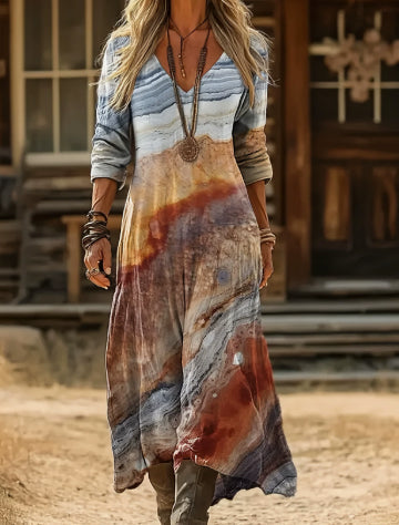 Boho Tie-Dye Watercolor Print V-Neck Long-Sleeve Maxi Dress Anybestbuy Store