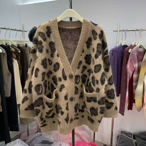 Leopard Print Thick Warm Coat Loose Lazy Knitted Cardigan Sweater Maiden-Art