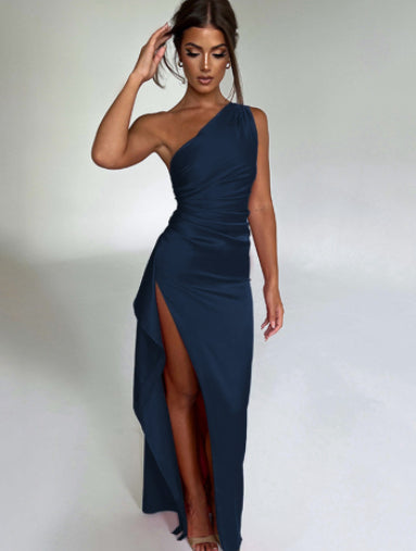 Sexy One-shoulder Backless Slit Dress Summer Elegant Slim-fit Solid Color Satin Dresses For Women Maiden-Art