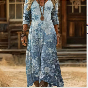 Boho Tie-Dye Watercolor Print V-Neck Long-Sleeve Maxi Dress Anybestbuy Store