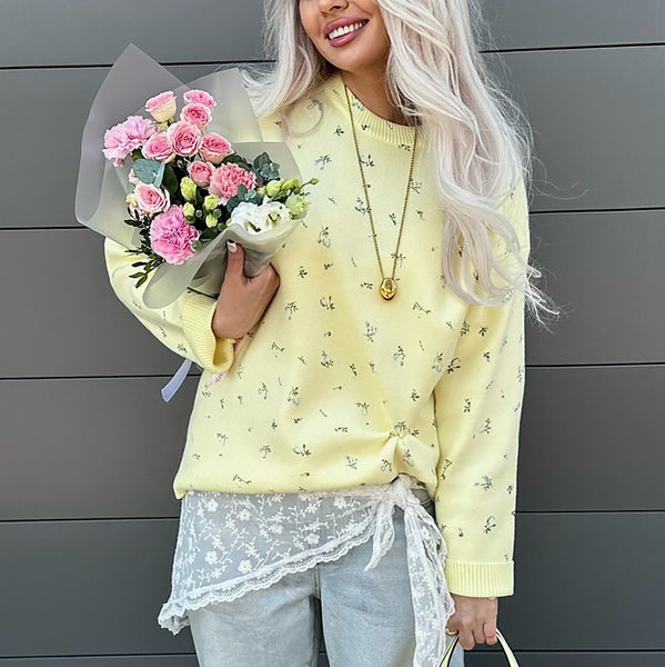 Womens European And American-style Chic Floral-print Crew-neck Pullover Sweater Maiden-Art