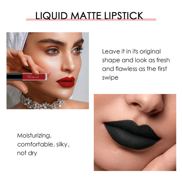 NICEFACE Matte Liquid Lipstick Waterproof Long Lasting Lip Gloss Tint Sexy Red Nude Purple Metallic Lipsticks Makeup Cosmetics QiBest Professional Makeup Store