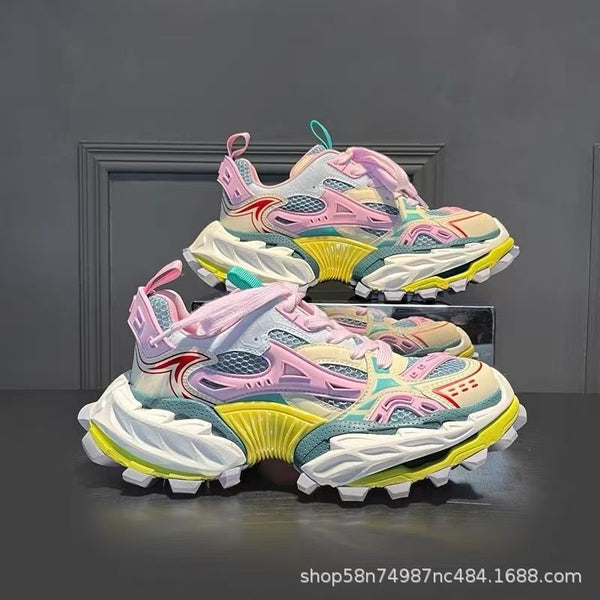 European Genuine Leather Height-Increasing Dad Shoes For Men Popular High-End Men's Shoes Color-Blocked Mesh Thick-Soled Casual Shoes