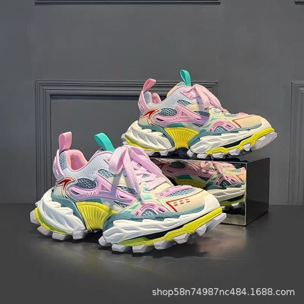 European Genuine Leather Height-Increasing Dad Shoes For Men Popular High-End Men's Shoes Color-Blocked Mesh Thick-Soled Casual Shoes