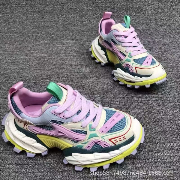 European Genuine Leather Height-Increasing Dad Shoes For Men Popular High-End Men's Shoes Color-Blocked Mesh Thick-Soled Casual Shoes