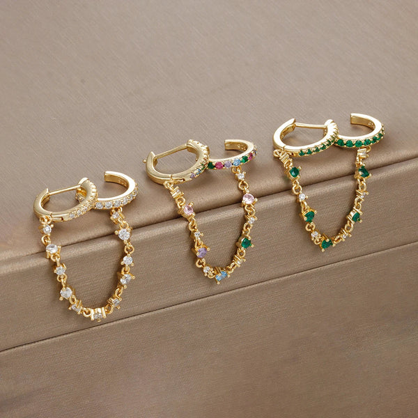 Europe and America CZ Crystal Chain Drop Earrings Stainless Steel Pendant Ear Buckle Fashion Jewelry For Women Birthday Gifts Golden Fashion Store