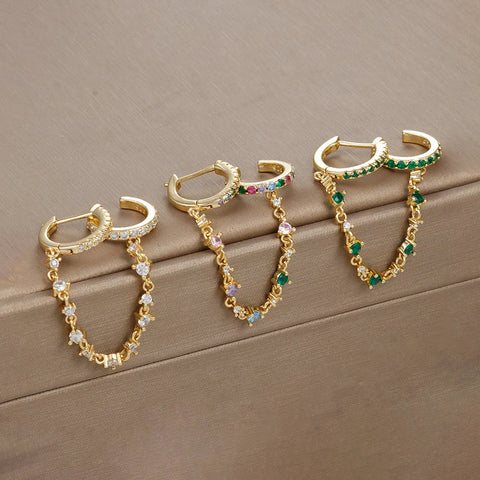 Europe and America CZ Crystal Chain Drop Earrings Stainless Steel Pendant Ear Buckle Fashion Jewelry For Women Birthday Gifts Golden Fashion Store