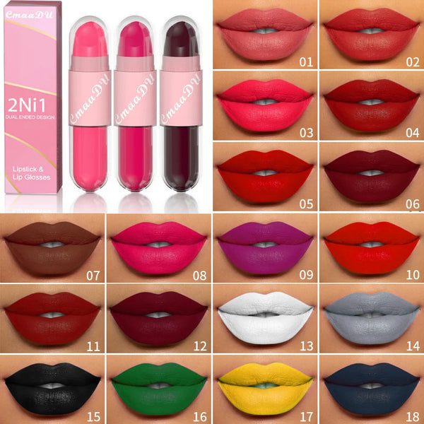 18 Colors 2 in 1 Matte Lipstick Liquid Purple Lip Glaze Double Head Lip Makeup Lasting Waterproof Velvet Sexy Dark Red Lipsticks HMEINA Store