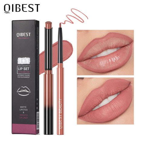 QIBEST 2pcs Lipstick Lipliner Pen Set Matte Nude Lip Liner Pencil Waterproof Long Lasting Lipstick Pen Contour Makeup For Women QIBEST Makeup Store