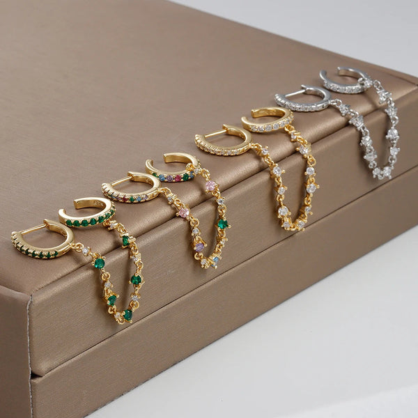 Europe and America CZ Crystal Chain Drop Earrings Stainless Steel Pendant Ear Buckle Fashion Jewelry For Women Birthday Gifts Golden Fashion Store