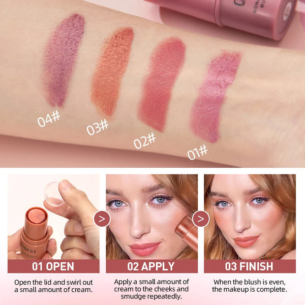 3-in-1 Cheek Blush Stick Lip Tinted Eyes Cheek Lips Brighten Cream Water-resistant Moisturizing Face Contouring Shadow Blusher QiBest Official Store