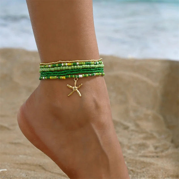 Bohemia Multilayer Rice Bead Anklet Set for Women Fashion Starfish Pendant Anklets Summer Sandy Beach Ankle Chain On Leg Jewelry HongHaiEr Store