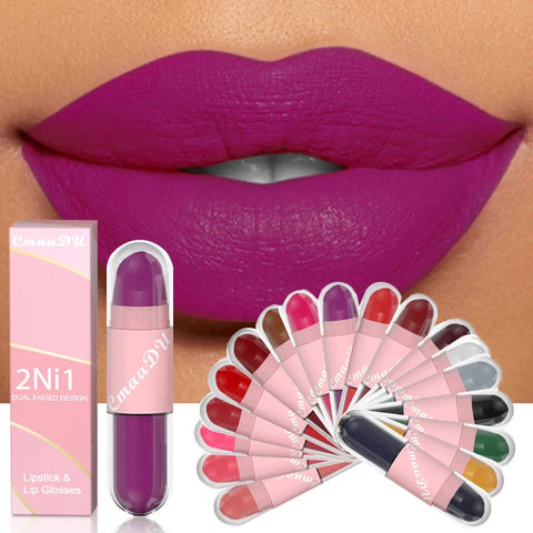 18 Colors 2 in 1 Matte Lipstick Liquid Purple Lip Glaze Double Head Lip Makeup Lasting Waterproof Velvet Sexy Dark Red Lipsticks HMEINA Store