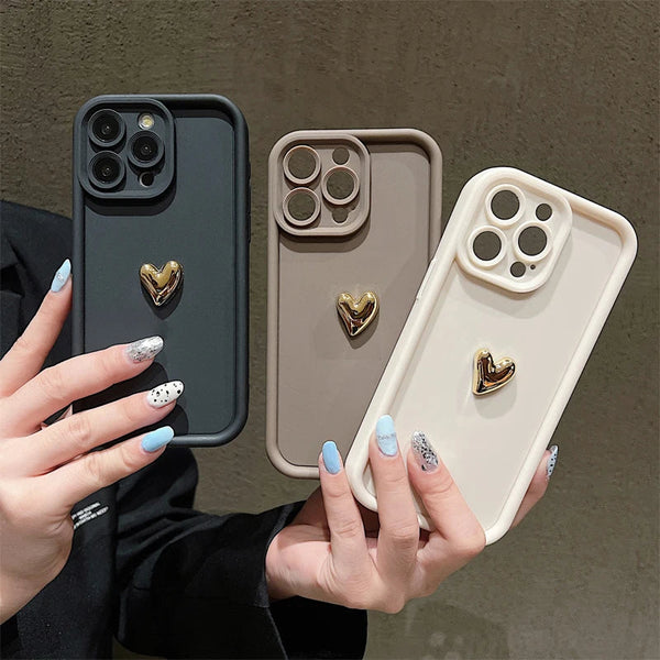 3D Gold Heart Silicone Soft Phone Case For iPhone 15 14 13 12 11 16 17 Pro Max XS XR 7 8 Plus SE Shockproof Candy Matte Cover Shop1103740101 Store