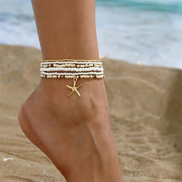 Bohemia Multilayer Rice Bead Anklet Set for Women Fashion Starfish Pendant Anklets Summer Sandy Beach Ankle Chain On Leg Jewelry HongHaiEr Store