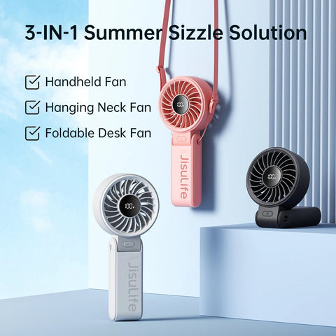 JISULIFE Portable Handheld Fan with LED Display,5 Speeds,5000mAh,150°Folded,3-IN-1 Hand/Desk/Neck Multifunction Personal Fan JISULIFE Official Store