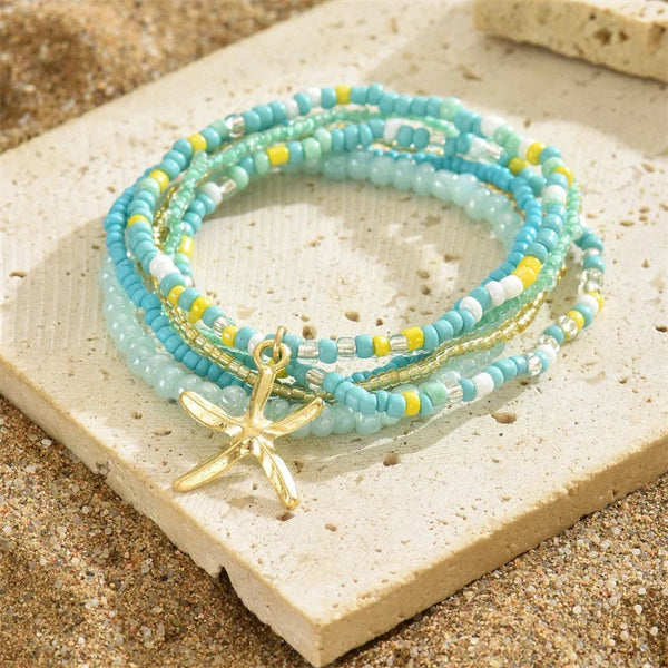 Bohemia Multilayer Rice Bead Anklet Set for Women Fashion Starfish Pendant Anklets Summer Sandy Beach Ankle Chain On Leg Jewelry HongHaiEr Store
