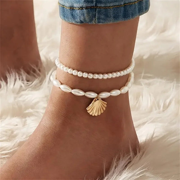 3pcs Retro Pearl Beads Anklet for Women Fashion Handmade Shell Butterfly On Foot Bracelet Bohemian Summer Beach Jewelry Gifts AY A Store