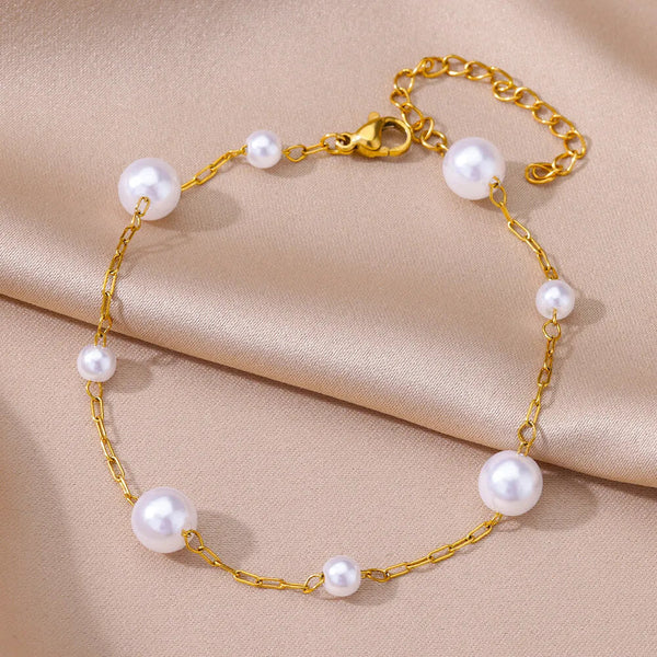 Anklets for Women Summer Beach Accessories Stainless Steel Imitation Pearl Chain Anklet Gold Color Leg Bracelets Bodychain Gifts TreasureSSS Store