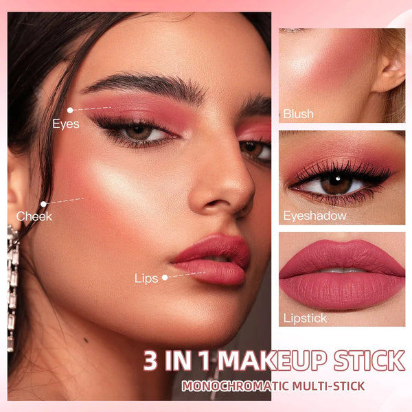 3-in-1 Cheek Blush Stick Lip Tinted Eyes Cheek Lips Brighten Cream Water-resistant Moisturizing Face Contouring Shadow Blusher QiBest Official Store