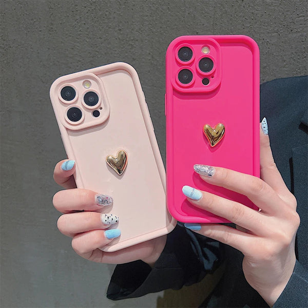 3D Gold Heart Silicone Soft Phone Case For iPhone 15 14 13 12 11 16 17 Pro Max XS XR 7 8 Plus SE Shockproof Candy Matte Cover Shop1103740101 Store