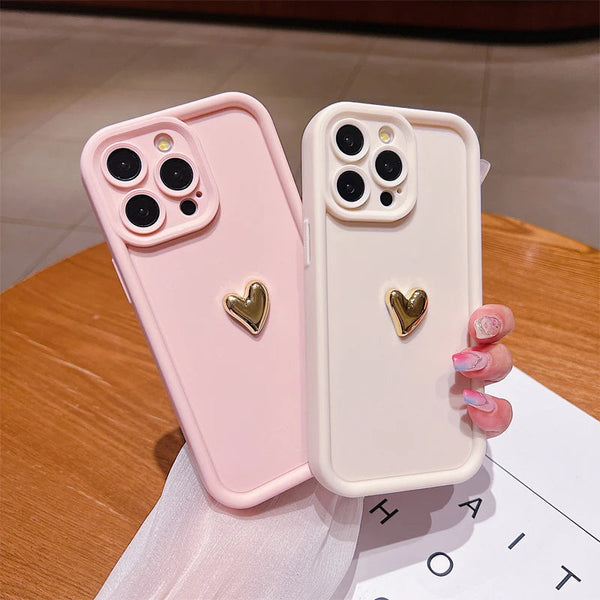 3D Gold Heart Silicone Soft Phone Case For iPhone 15 14 13 12 11 16 17 Pro Max XS XR 7 8 Plus SE Shockproof Candy Matte Cover Shop1103740101 Store