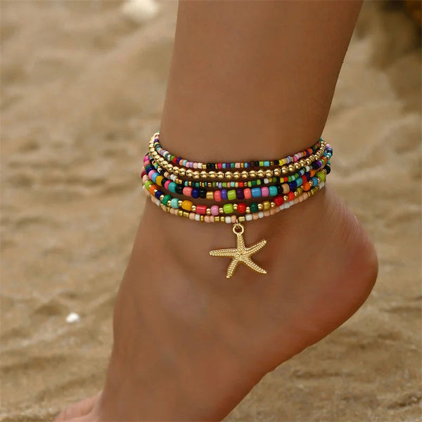 Bohemia Multilayer Rice Bead Anklet Set for Women Fashion Starfish Pendant Anklets Summer Sandy Beach Ankle Chain On Leg Jewelry HongHaiEr Store