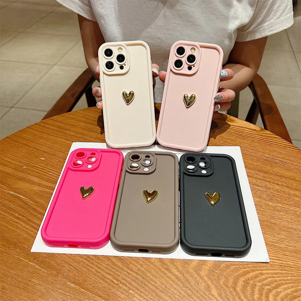 3D Gold Heart Silicone Soft Phone Case For iPhone 15 14 13 12 11 16 17 Pro Max XS XR 7 8 Plus SE Shockproof Candy Matte Cover Shop1103740101 Store