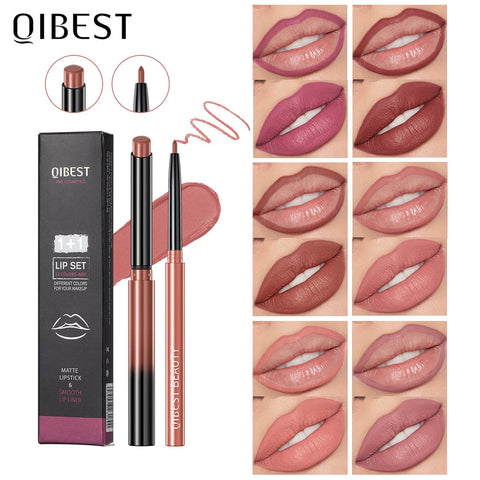 QIBEST 2pcs Lipstick Lipliner Pen Set Matte Velvet Lip Liner Pencil Contour Makeup Sexy Red Lip Stick Long Lasting Cosmetics QiBest Official Store