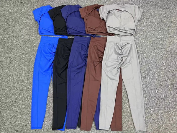 Cross Backless Sporty Set Women 2 Piece Sportswear Short Sleeve Training Suit for Fitness Yoga Wear Female Gym Workout Clothes QYJNG Store