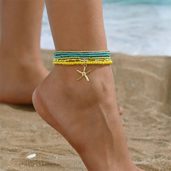 Bohemia Multilayer Rice Bead Anklet Set for Women Fashion Starfish Pendant Anklets Summer Sandy Beach Ankle Chain On Leg Jewelry HongHaiEr Store