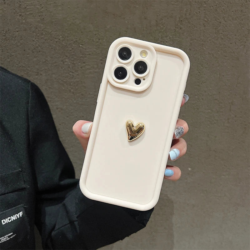 3D Gold Heart Silicone Soft Phone Case For iPhone 15 14 13 12 11 16 17 Pro Max XS XR 7 8 Plus SE Shockproof Candy Matte Cover Shop1103740101 Store