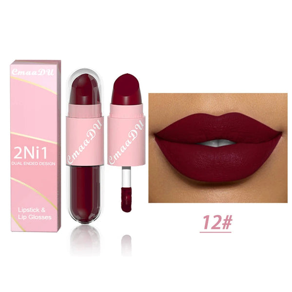 18 Colors 2 in 1 Matte Lipstick Liquid Purple Lip Glaze Double Head Lip Makeup Lasting Waterproof Velvet Sexy Dark Red Lipsticks HMEINA Store