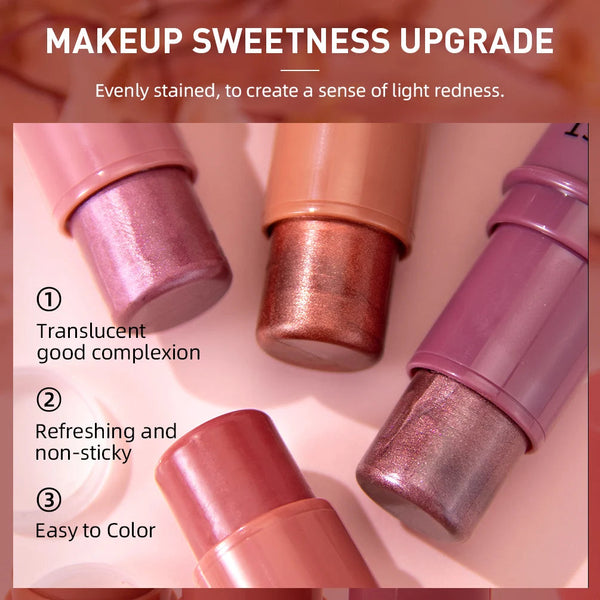 3-in-1 Cheek Blush Stick Lip Tinted Eyes Cheek Lips Brighten Cream Water-resistant Moisturizing Face Contouring Shadow Blusher QiBest Official Store