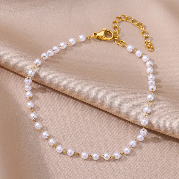 Anklets for Women Summer Beach Accessories Stainless Steel Imitation Pearl Chain Anklet Gold Color Leg Bracelets Bodychain Gifts TreasureSSS Store