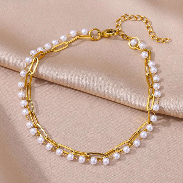 Anklets for Women Summer Beach Accessories Stainless Steel Imitation Pearl Chain Anklet Gold Color Leg Bracelets Bodychain Gifts TreasureSSS Store
