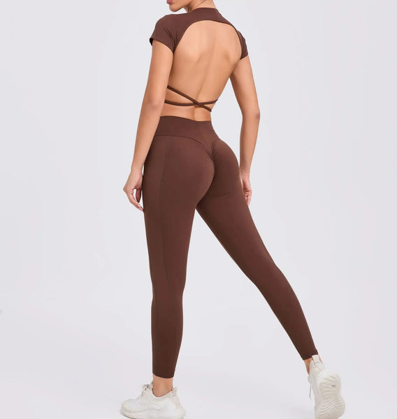 Cross Backless Sporty Set Women 2 Piece Sportswear Short Sleeve Training Suit for Fitness Yoga Wear Female Gym Workout Clothes QYJNG Store