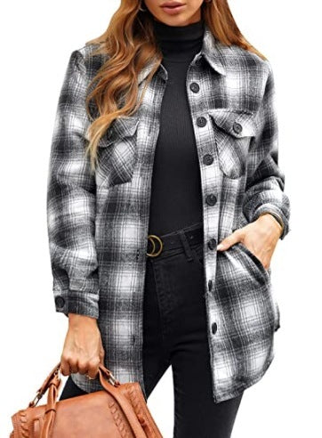 Women Oversized Check Button Shirt Jacket Maiden-Art