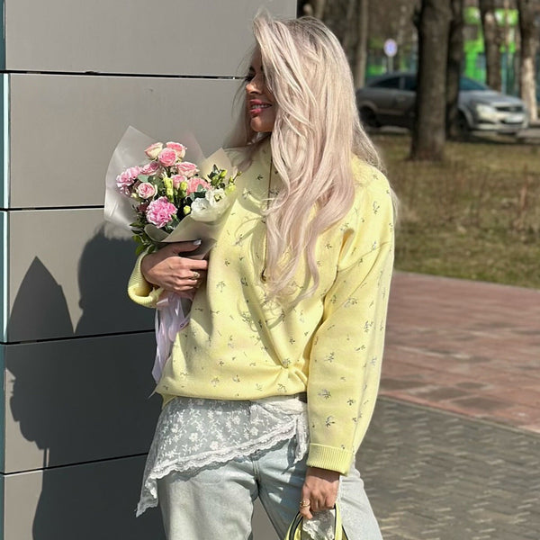 Womens European And American-style Chic Floral-print Crew-neck Pullover Sweater Maiden-Art