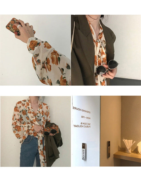 Women Retro Floral Chic Chiffon Spring Fall Fashion  Lace-up Design Soft Female Shirts Top Ins Anybestbuy Store