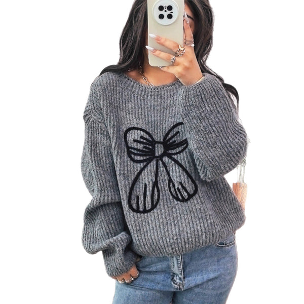 Simple Casual Bow Embroidery Decoration Knitted Long Sleeve Sweater Maiden-Art