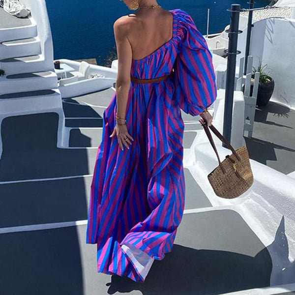 Fashion Personalized Oblique Shoulder Boho Striped Women's Mid-length Dress Anybestbuy Store