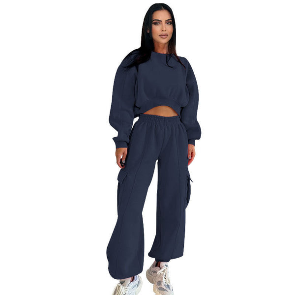 European And American Autumn New Round Neck High Waist Sweater Pocket Loose Sweatpants Suit Maiden-Art